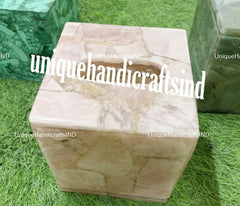 Rose Quartz Tissue Box, Natural Stone Bathroom Accessories, Office Desk Decor Essentials, Agate Tissue Box Case for Hotel & Restaurant Unique Handicrafts IND