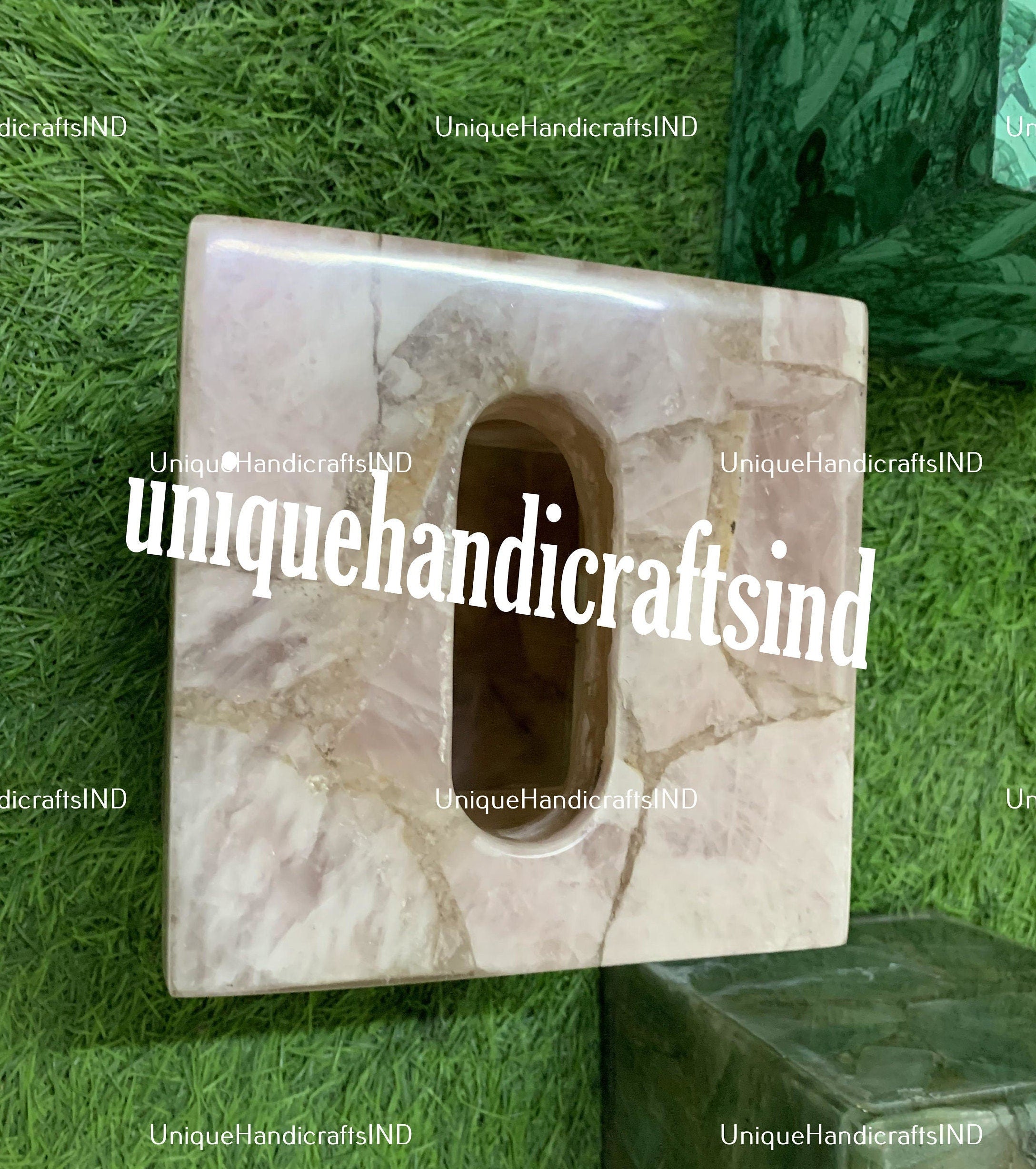 Rose Quartz Tissue Box, Natural Stone Bathroom Accessories, Office Desk Decor Essentials, Agate Tissue Box Case for Hotel & Restaurant Unique Handicrafts IND