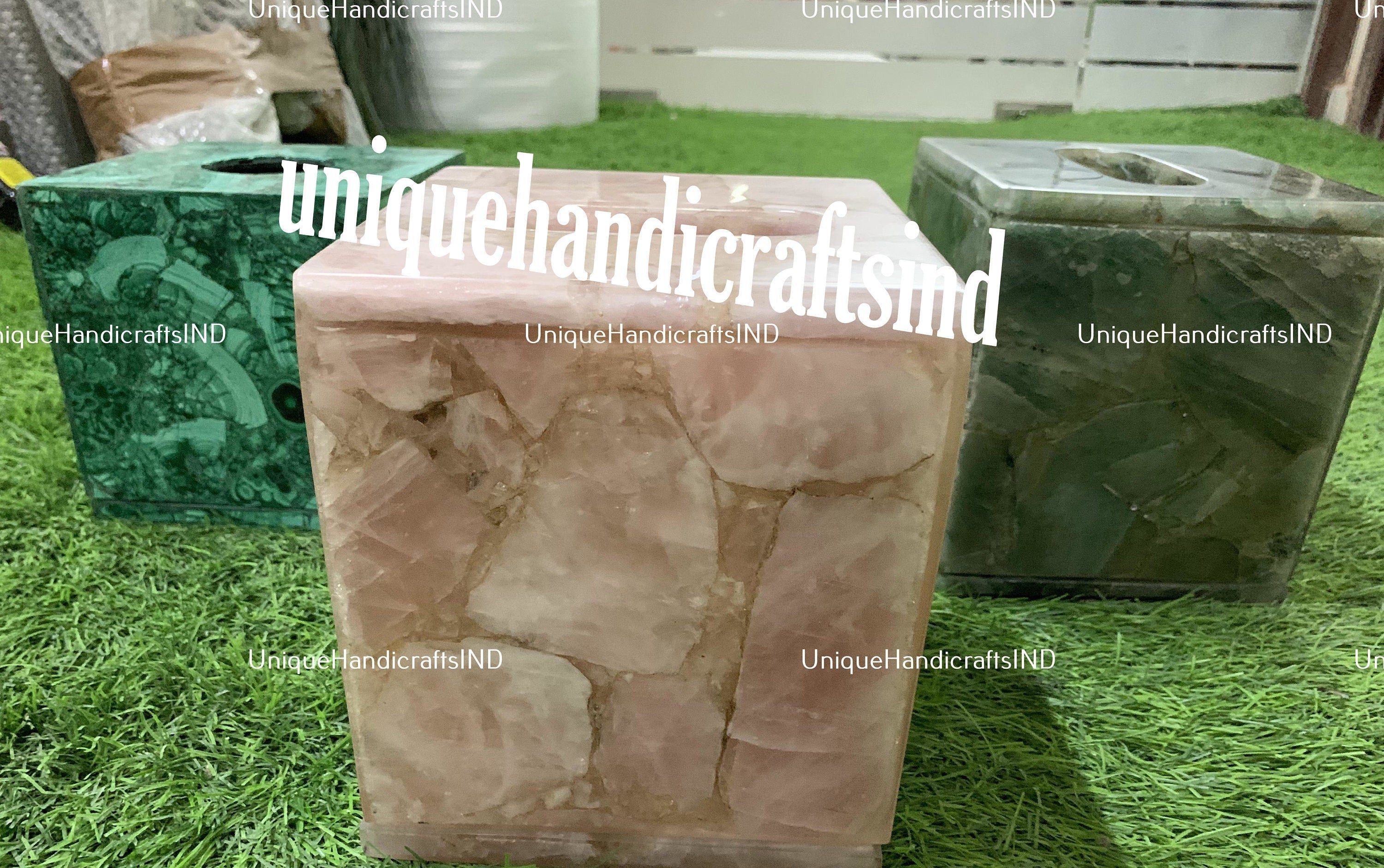 Tissue Box Set of 3 Tissue box In Malachite, Quartz Natural Agate Stone Arts Handmade Bathroom Vanity Tissue Box Gift For Him Unique Handicrafts IND