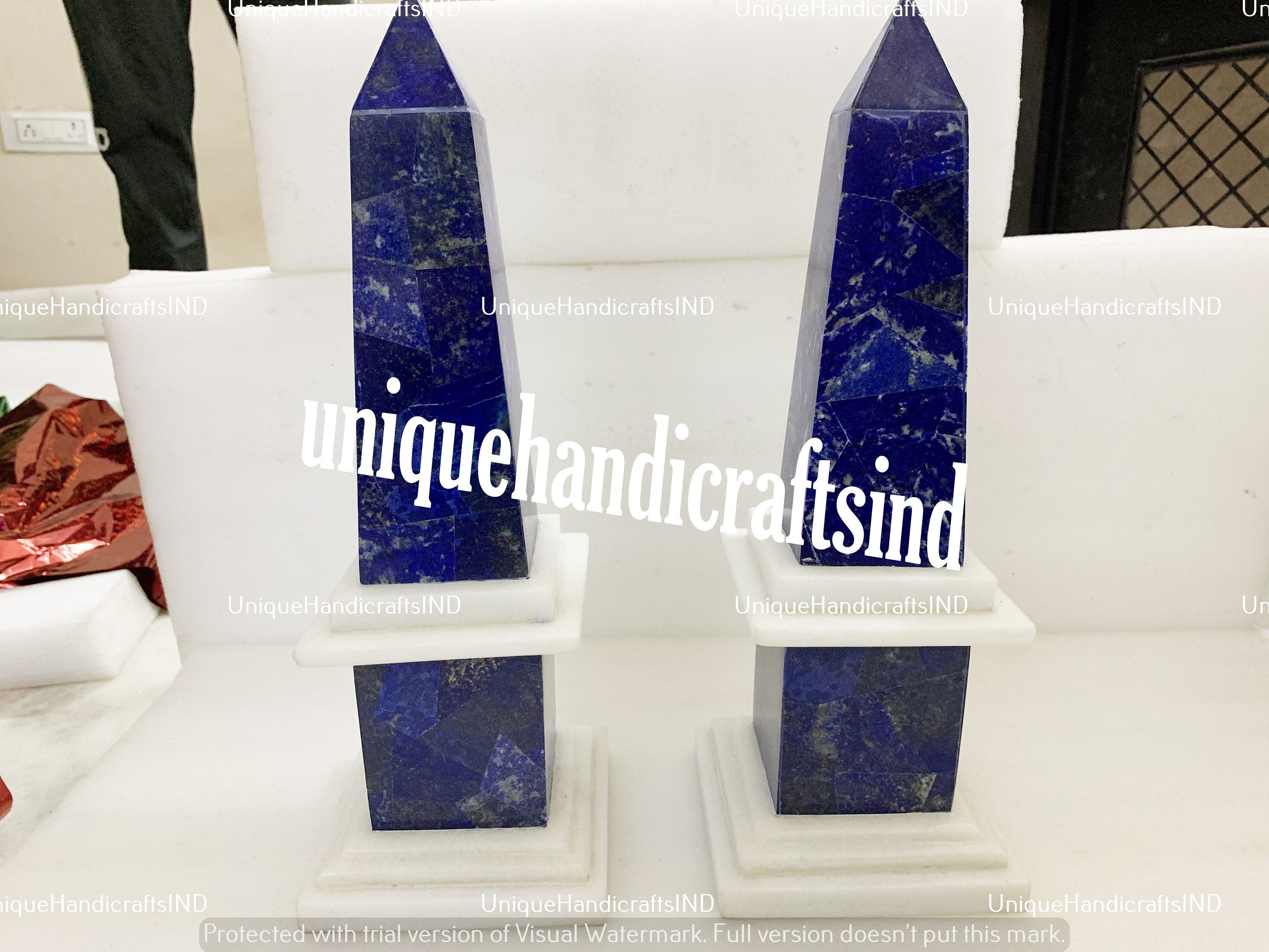 Monumental Pair of Obelisks Inlay Lapis lazuli & Marble Stones Semi Precious Stone Handmade Home Decor Obelisks Unique Handicrafts IND