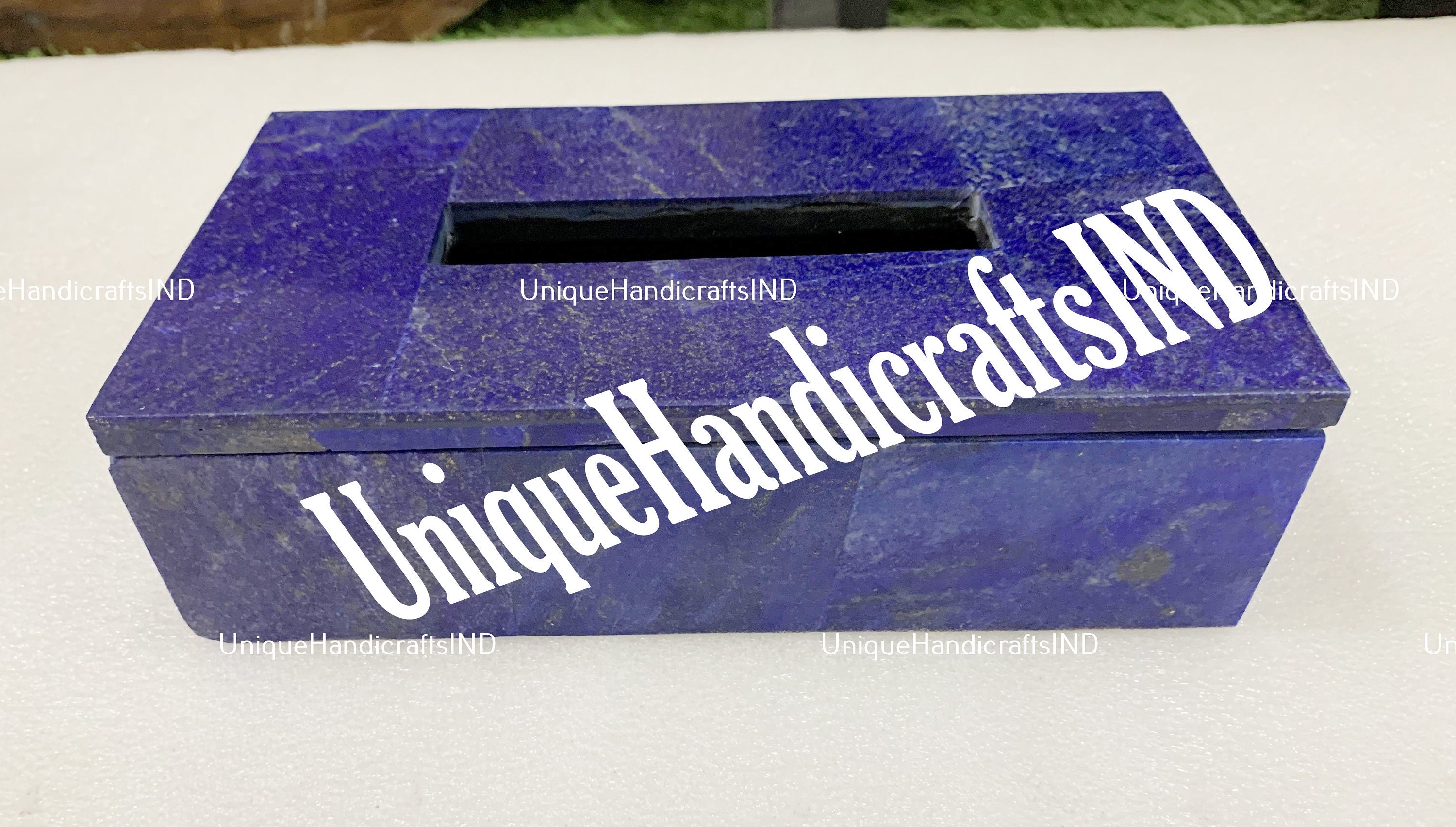 Tissue Box in White Marble with Blue Lapis Lazuli Overlay Work / Stone Tissue Box /Bathroom Accessories in Marble Box for Hotel & Restaurant Unique Handicrafts IND