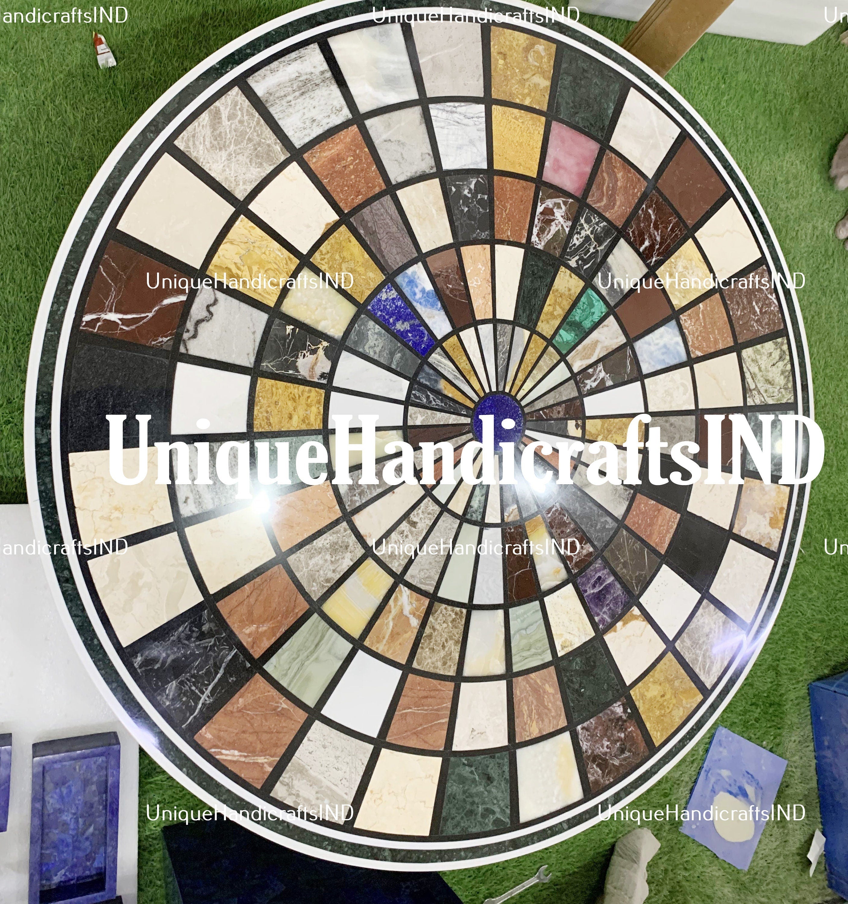 Round Marble Center Mosaic Table Top Semi Precious Stones Handicraft Pietra Dura Work Unique Handicrafts IND