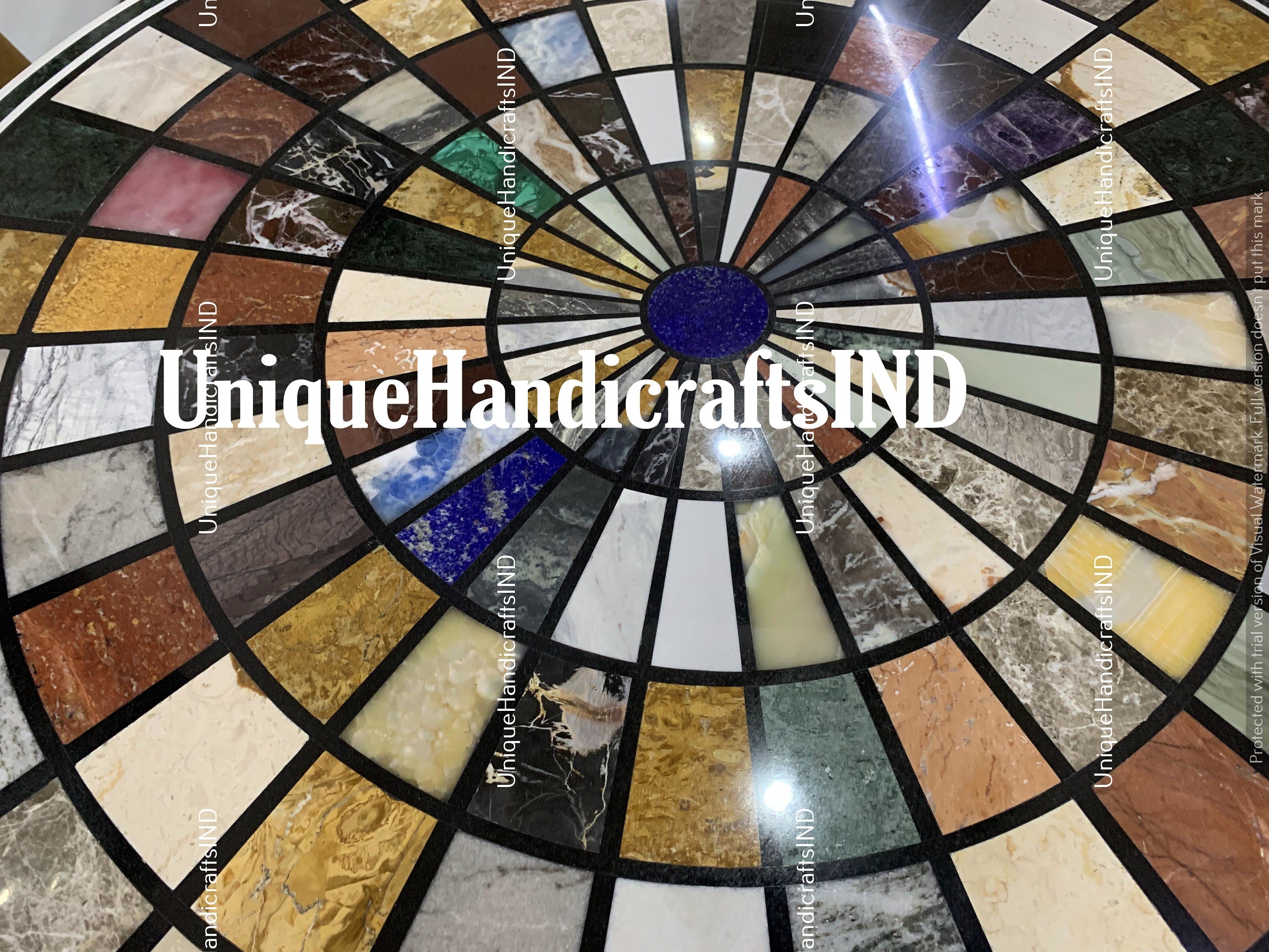 Round Marble Center Mosaic Table Top Semi Precious Stones Handicraft Pietra Dura Work Unique Handicrafts IND