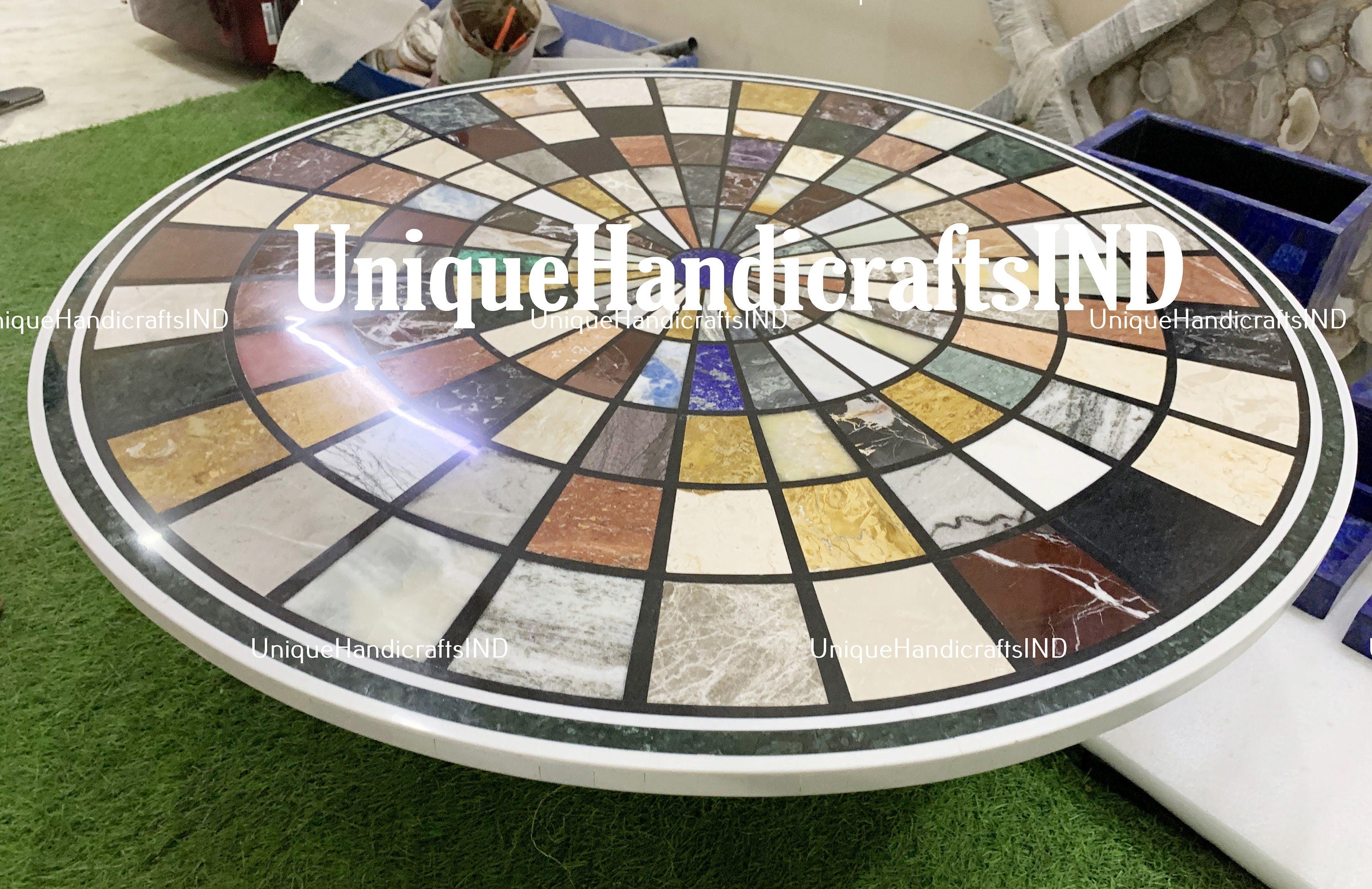 Round Marble Center Mosaic Table Top Semi Precious Stones Handicraft Pietra Dura Work Unique Handicrafts IND