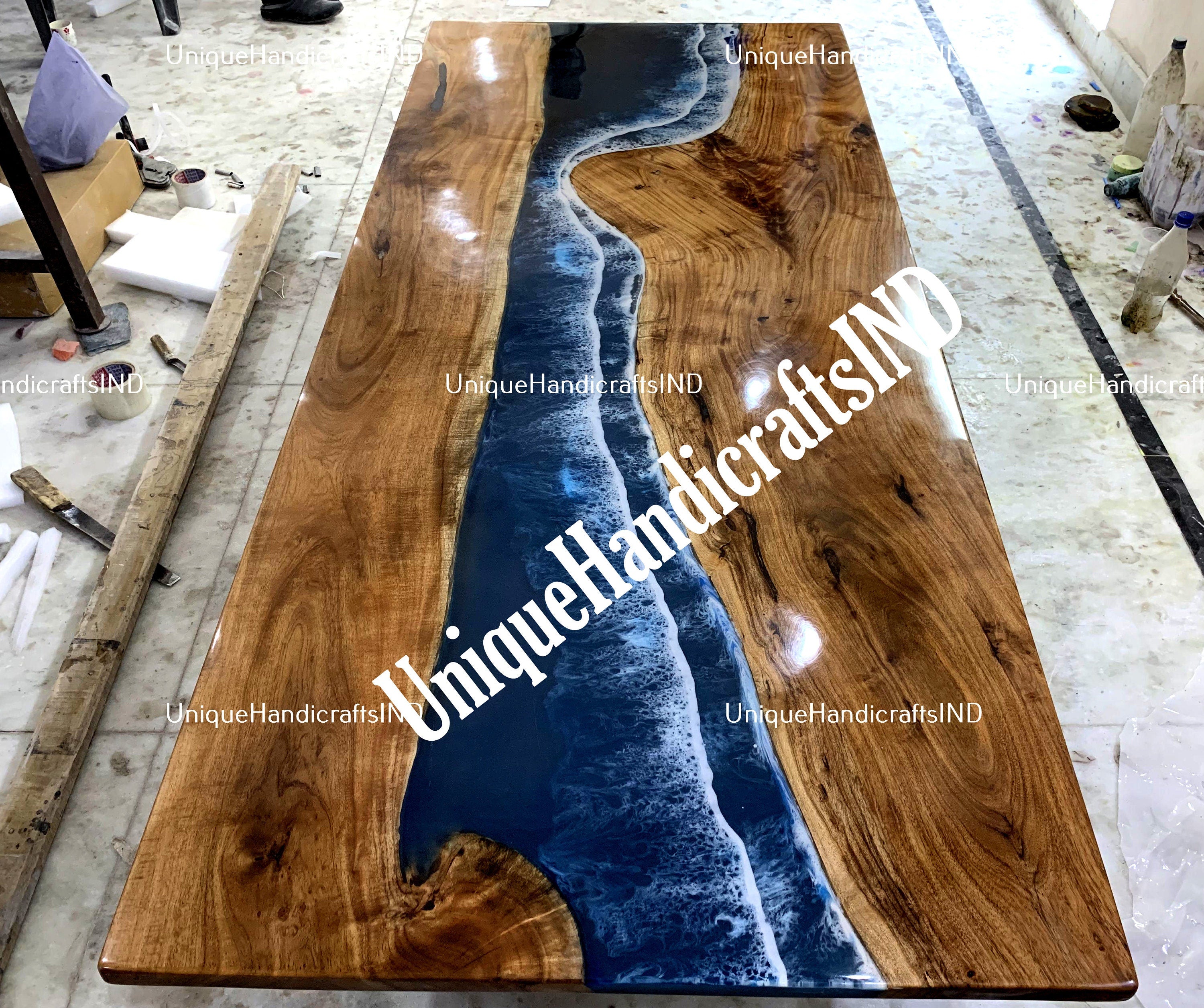 Walnut Dining Table, Dining Table For 6, Wood and Epoxy Table, Modern Dining Table, Resin Table, Epoxy Dine Table, Blue Ocean Epoxy Arts Unique Handicrafts IND