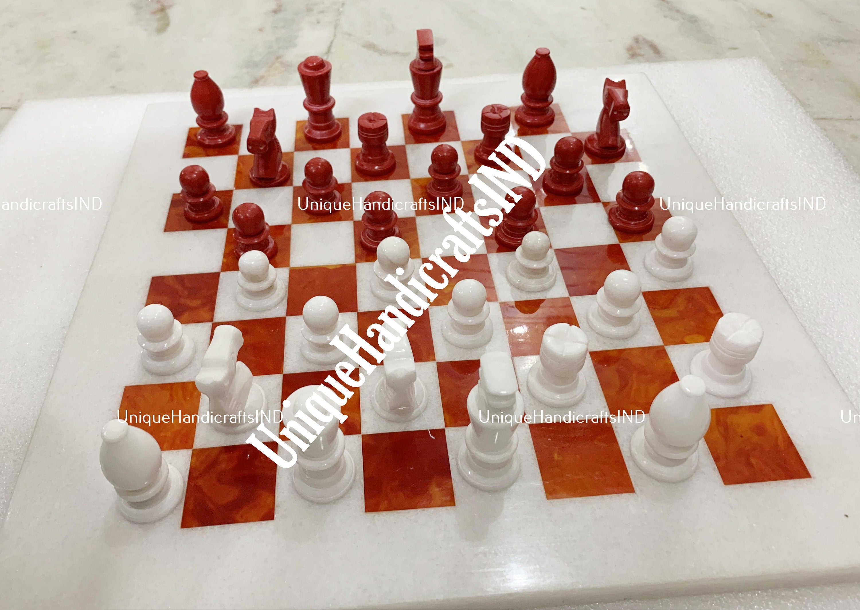 Handmade Marble Chess Board with Carnelian Mosaic - Unique Christmas Gift | Stone Art Board Game | Gift for Him or Her Unique Handicrafts IND