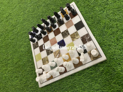 Marble Chess Board Set With Chess Pieces Multi Stone Mosaic Arts Best Fathers Day Gift Multi Color Stones marble chess set Unique Handicrafts IND
