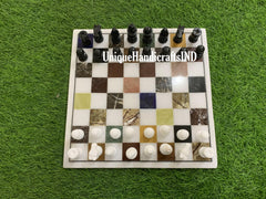 Marble Chess Board Set With Chess Pieces Multi Stone Mosaic Arts Best Fathers Day Gift Multi Color Stones marble chess set Unique Handicrafts IND