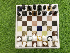 Marble Chess Board Set With Chess Pieces Multi Stone Mosaic Arts Best Fathers Day Gift Multi Color Stones marble chess set Unique Handicrafts IND
