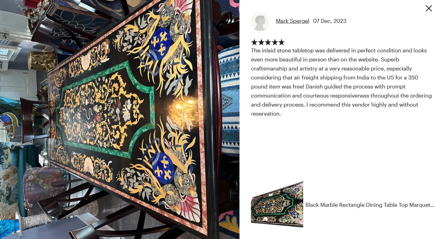 Black Marble Rectangle Dining Table Top Marquetry Design Pietra Dura Inlay Art Housewarming Decor Unique Handicrafts IND
