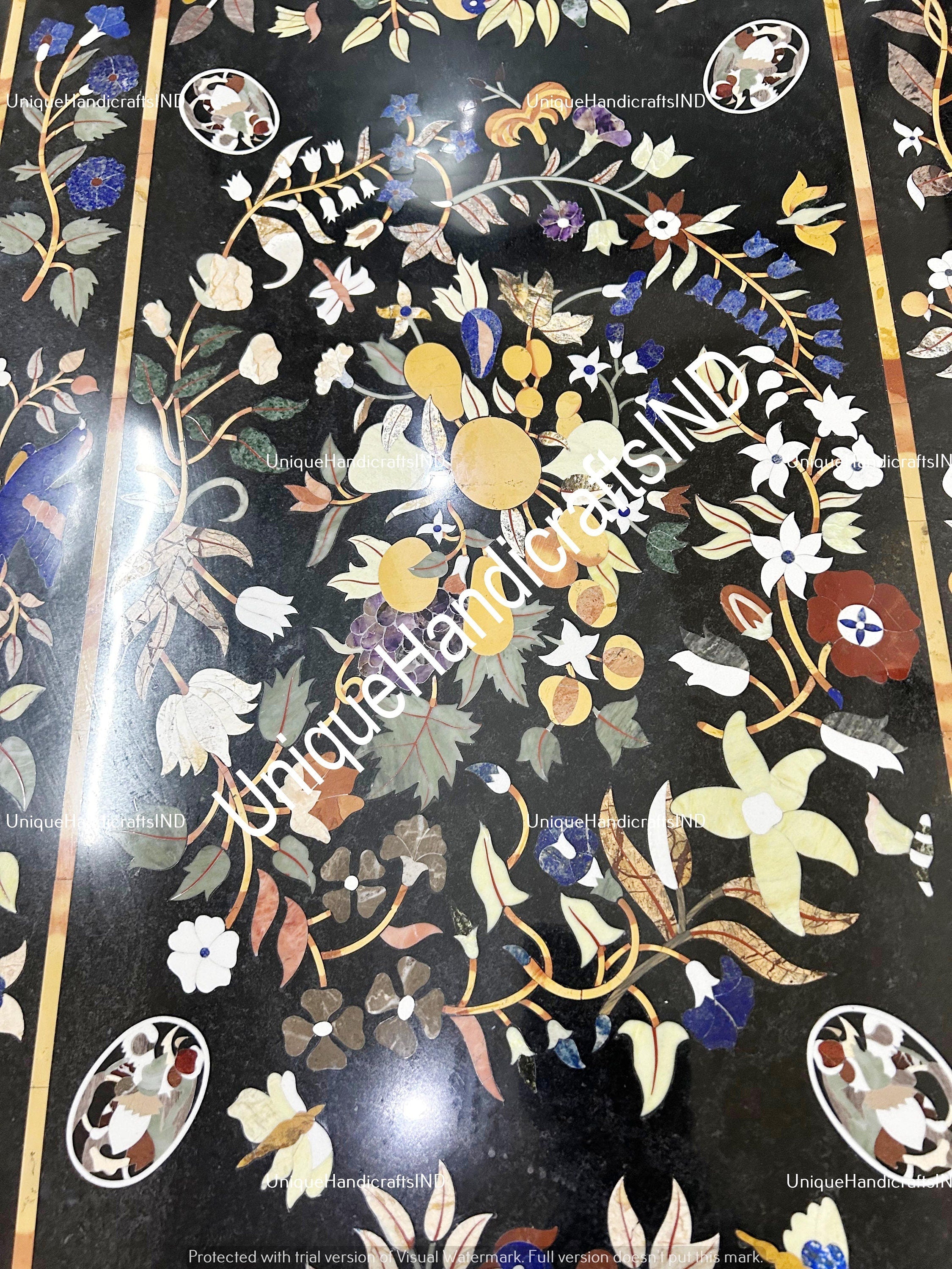 Buy Black Marble Table With Semi Precious Birds & Floral Pietradura Inlay Art Mid Century Modern Kitchen and dining Furniture Unique Handicrafts IND