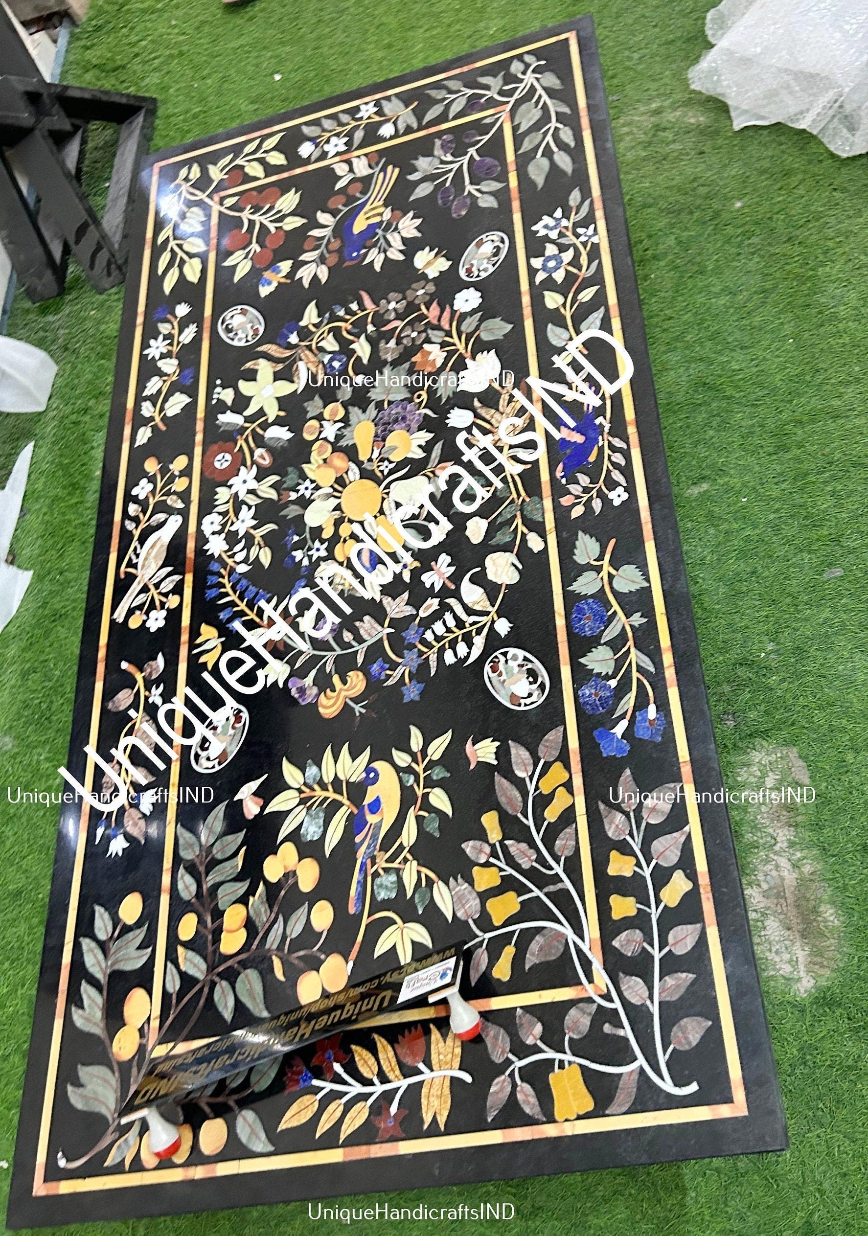 Buy Black Marble Table With Semi Precious Birds & Floral Pietradura Inlay Art Mid Century Modern Kitchen and dining Furniture Unique Handicrafts IND