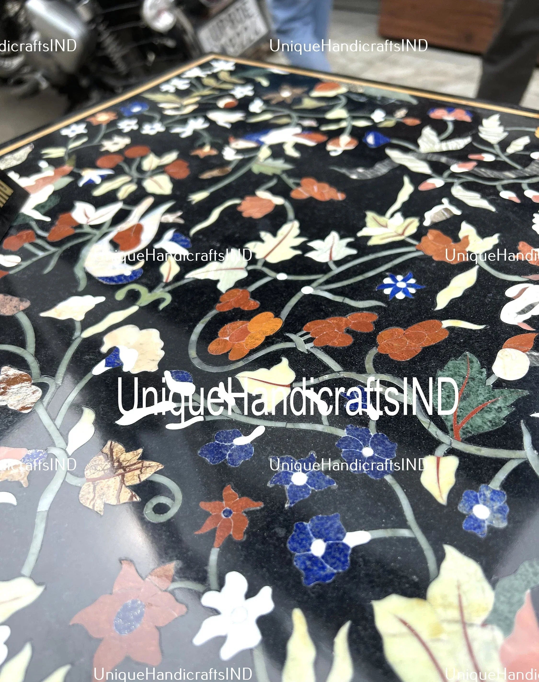 Handmade Black Marble Stone Sofa, Center, Meeting, Dining Table tops Inlay Pietradura Floral Birds Design Mid Century Modern Furniture Unique Handicrafts IND