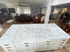 Natural Agate Dining Table Top, White Quartz Agate Table, Agate Coffee Center Sofa Couch Table, Quartz Countertops , Agate Console Table, Unique Handicrafts IND