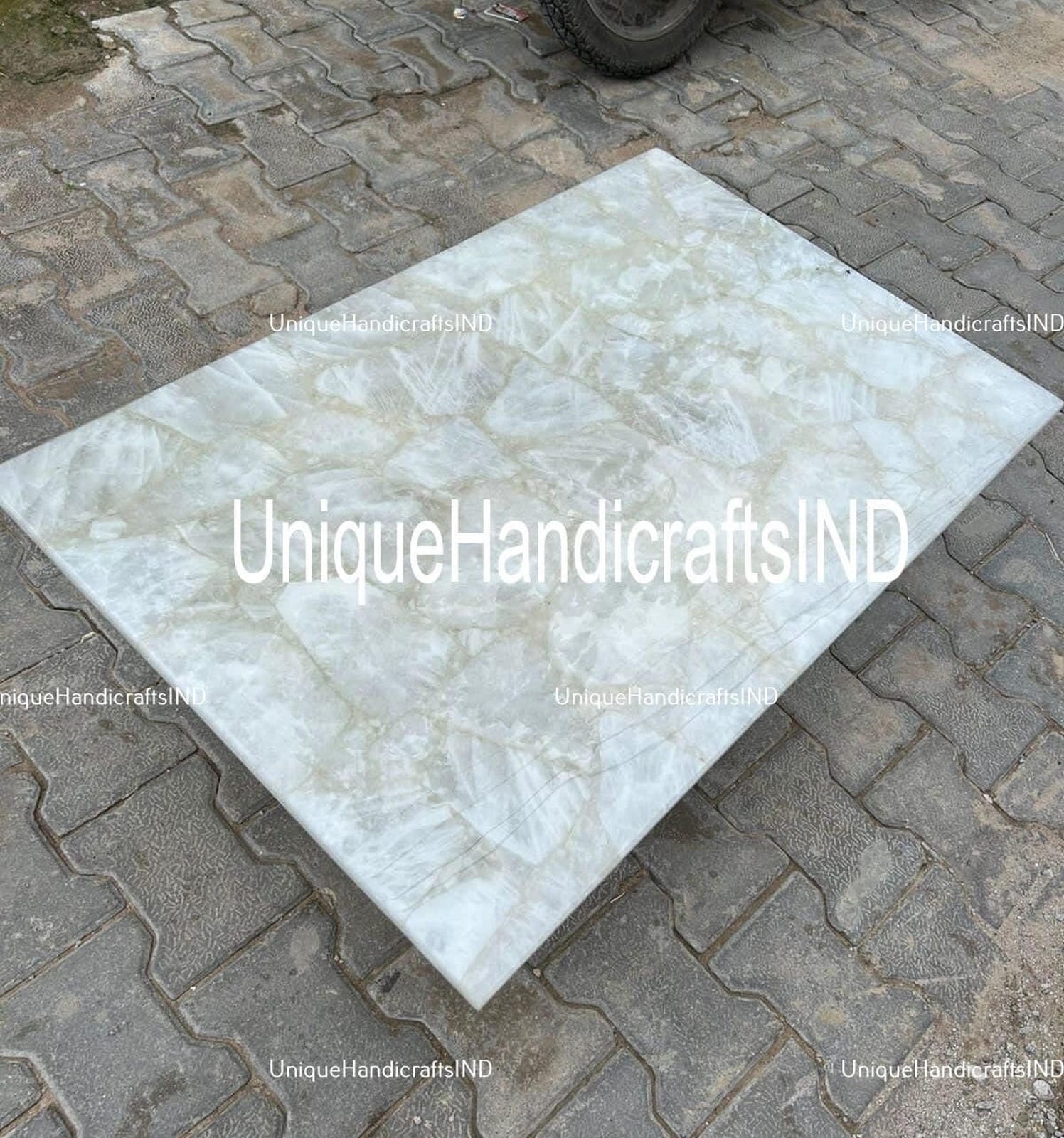 Natural Agate Dining Table Top, White Quartz Agate Table, Agate Coffee Center Sofa Couch Table, Quartz Countertops , Agate Console Table, Unique Handicrafts IND