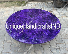Round Amethyst Gemstone Coffee Table Top Handmade Crystal Healing Gemstone Modern Furniture Quartz Cafeteria Living Room Table Decors Unique Handicrafts IND
