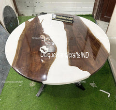 Custom  White Epoxy Table- River Table - Dining Table-Coffee Table-Round Table-Office Table-Kitchen Table-Handmade Farmhouse Furniture Unique Handicrafts IND
