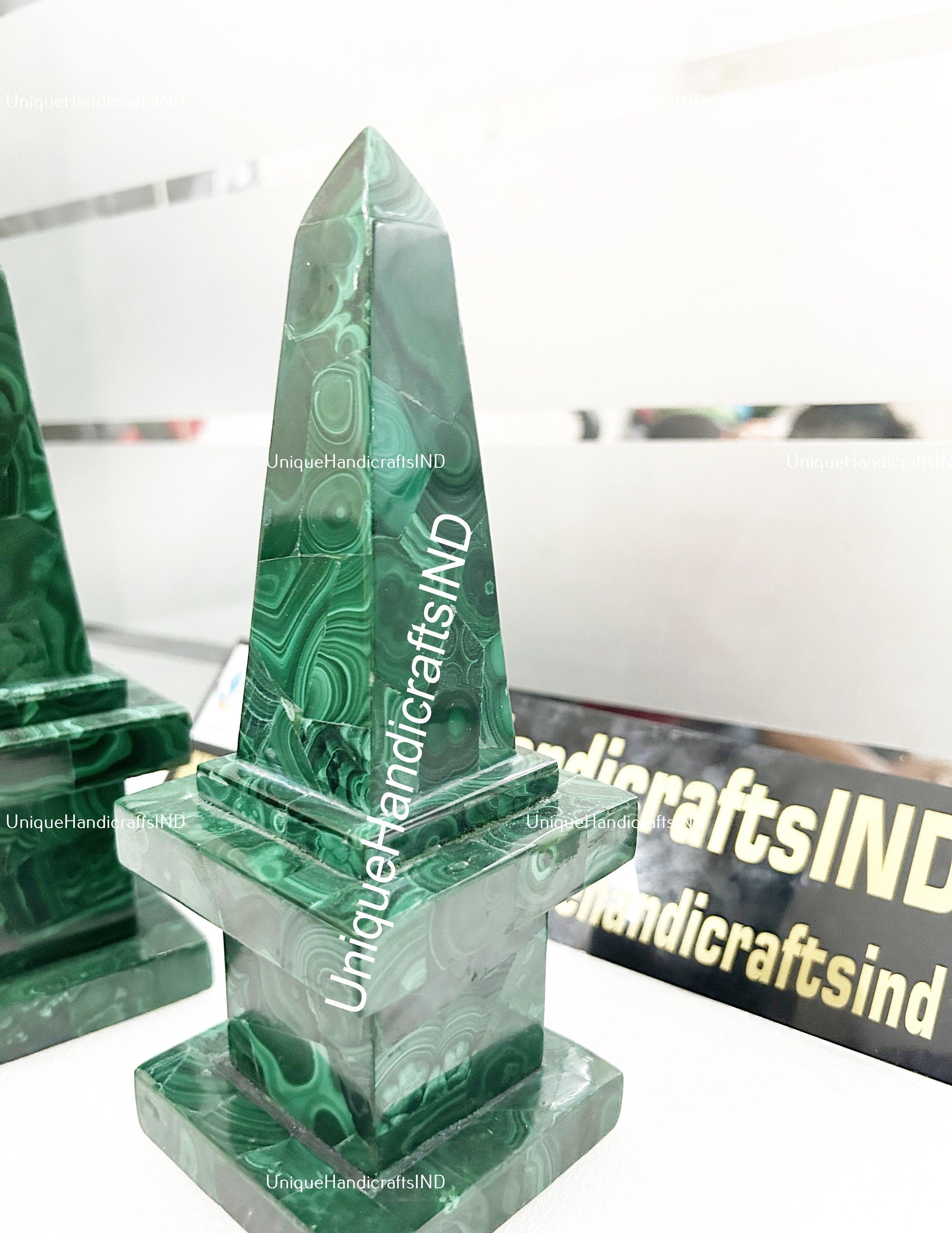 Home Decor Green Malachite Obelisk Set, Beautiful Malachite Crystal Tower, Healing Crystal Gift For Her, Gift For Loves One Unique Handicrafts IND