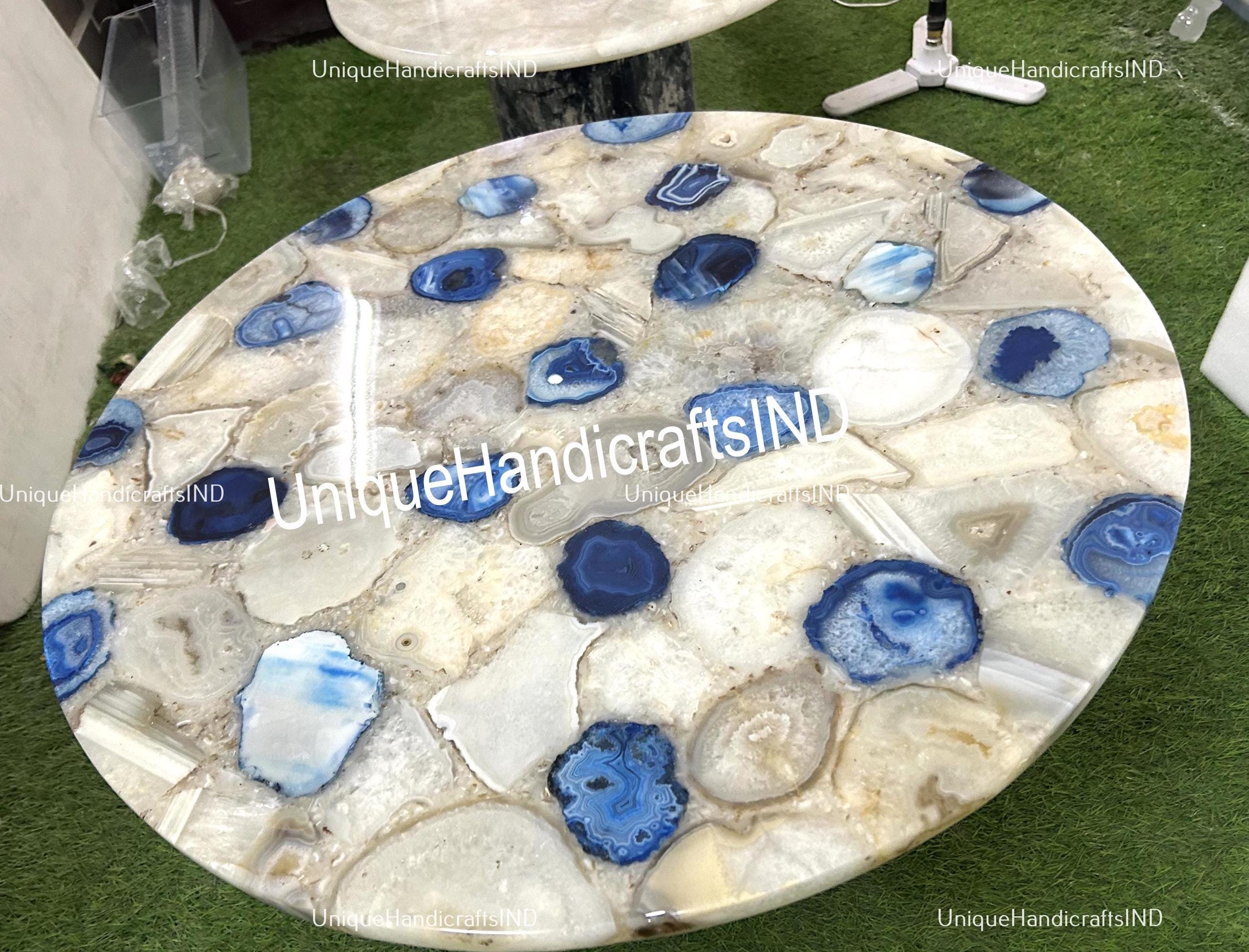 Elegant Stone Coffee Table In Quartz & Blue Agate Stone Customized Handmade Furniture Unique Handicrafts IND