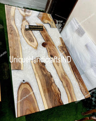 White Epoxy Dining Table, Custom Made Live Edge River Casted Table, Handcrafted Walnut Table, Handmade With Solid Wood Unique Handicrafts IND