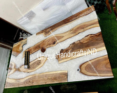 White Epoxy Dining Table, Custom Made Live Edge River Casted Table, Handcrafted Walnut Table, Handmade With Solid Wood Unique Handicrafts IND