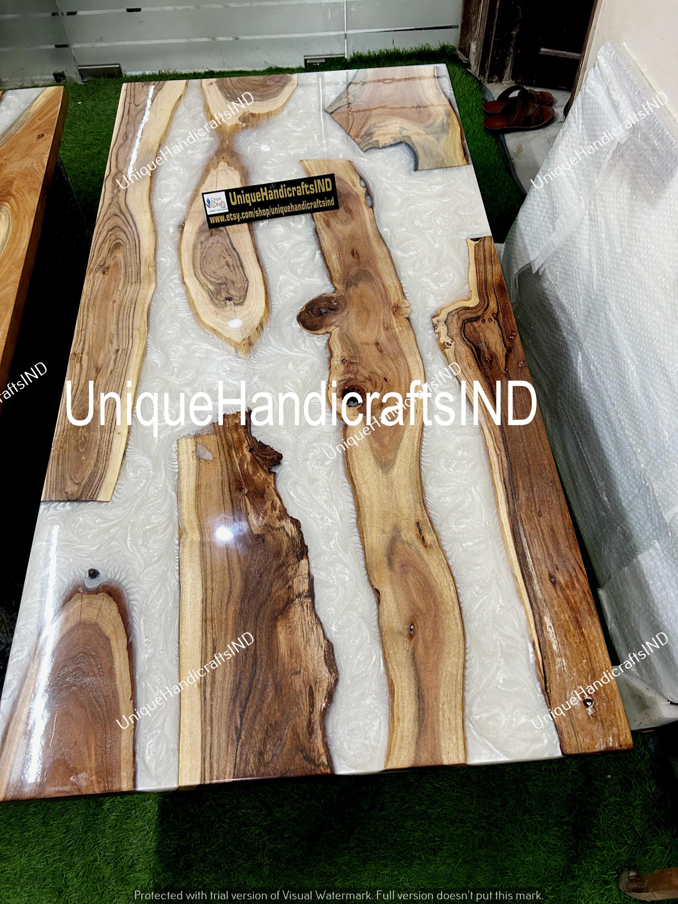 White Epoxy Dining Table, Custom Made Live Edge River Casted Table, Handcrafted Walnut Table, Handmade With Solid Wood Unique Handicrafts IND