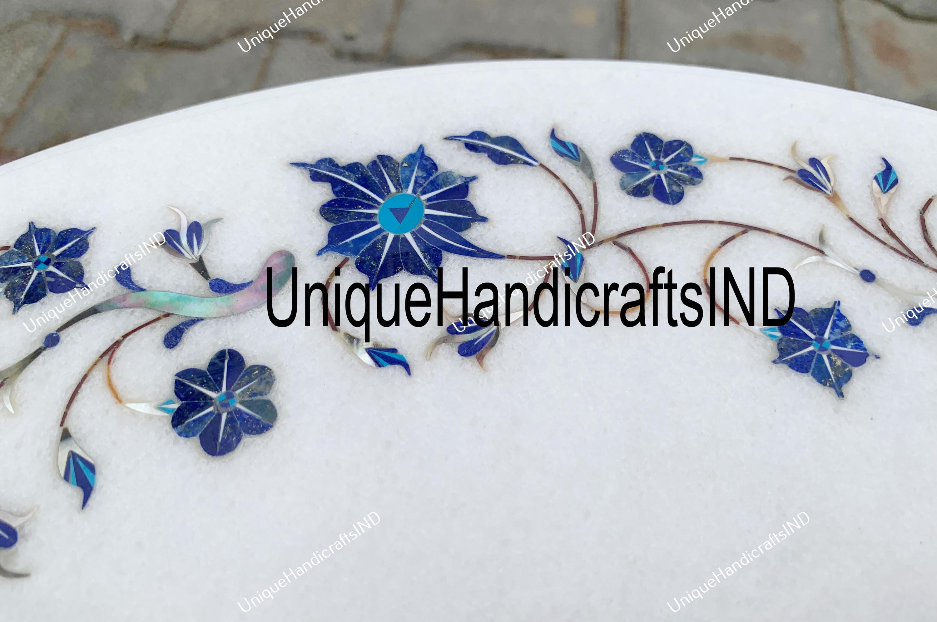 Unique White Marble Table Top / Lapis Lazuli Pietra Dura Inlay Floral Stones Arts Round Coffee Table Unique Living Room Decor Piece Unique Handicrafts IND