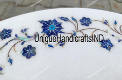 Unique White Marble Table Top / Lapis Lazuli Pietra Dura Inlay Floral Stones Arts Round Coffee Table Unique Living Room Decor Piece Unique Handicrafts IND