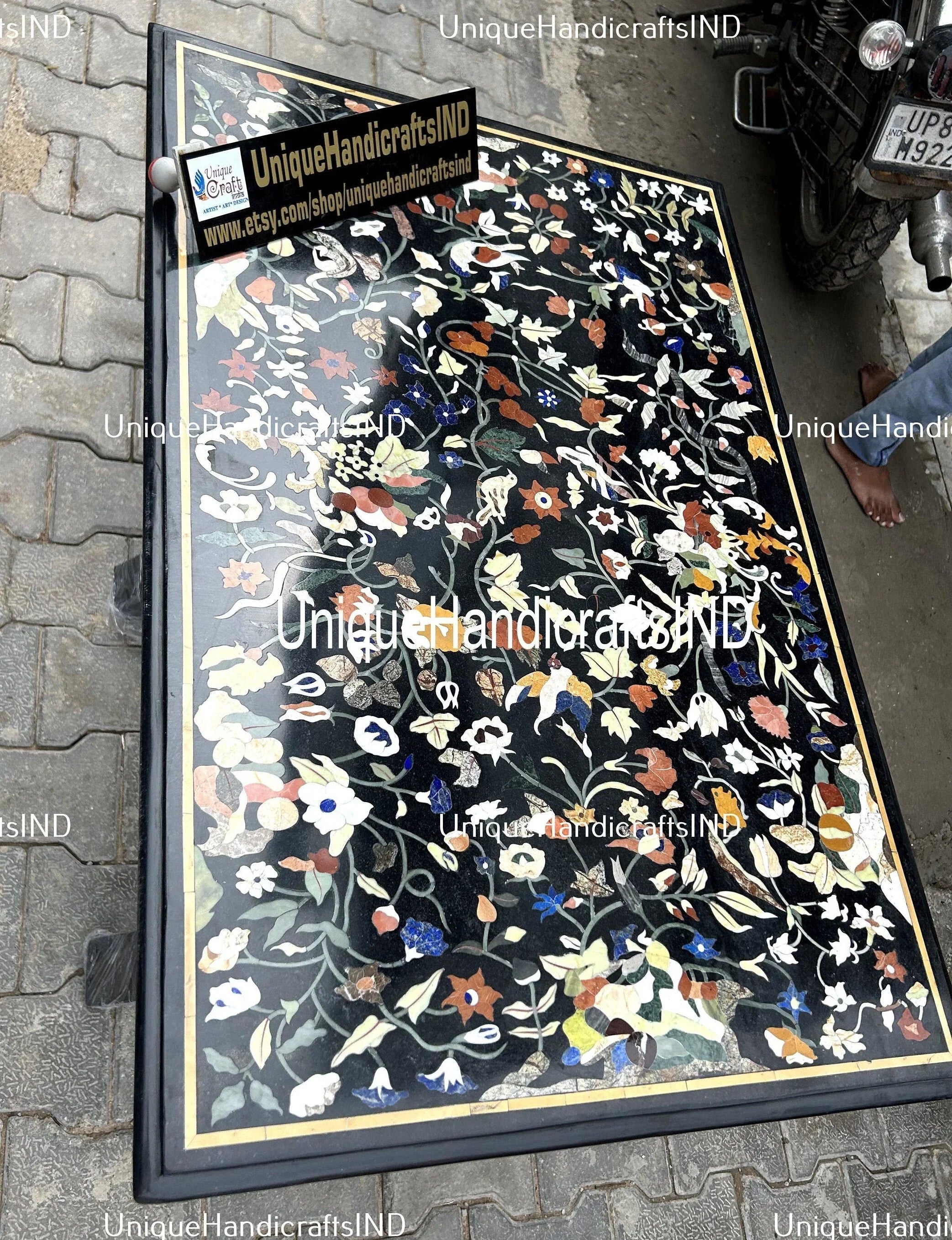 Handmade Black Marble Stone Sofa, Center, Meeting, Dining Table tops Inlay Pietradura Floral Birds Design Mid Century Modern Furniture Unique Handicrafts IND