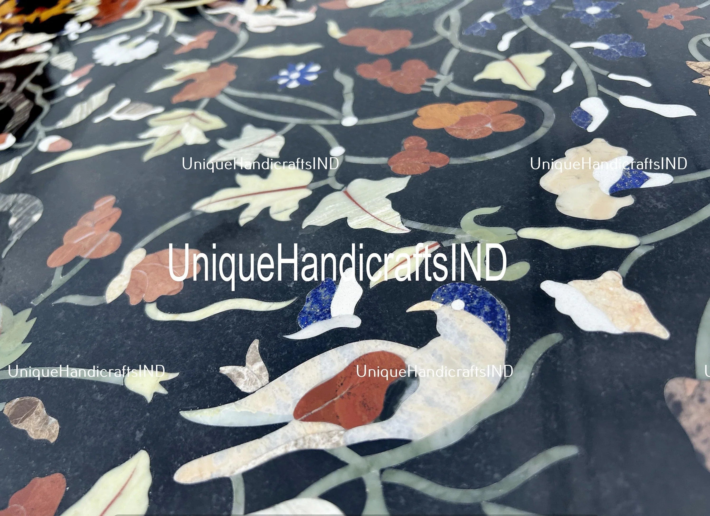 Handmade Black Marble Stone Sofa, Center, Meeting, Dining Table tops Inlay Pietradura Floral Birds Design Mid Century Modern Furniture Unique Handicrafts IND