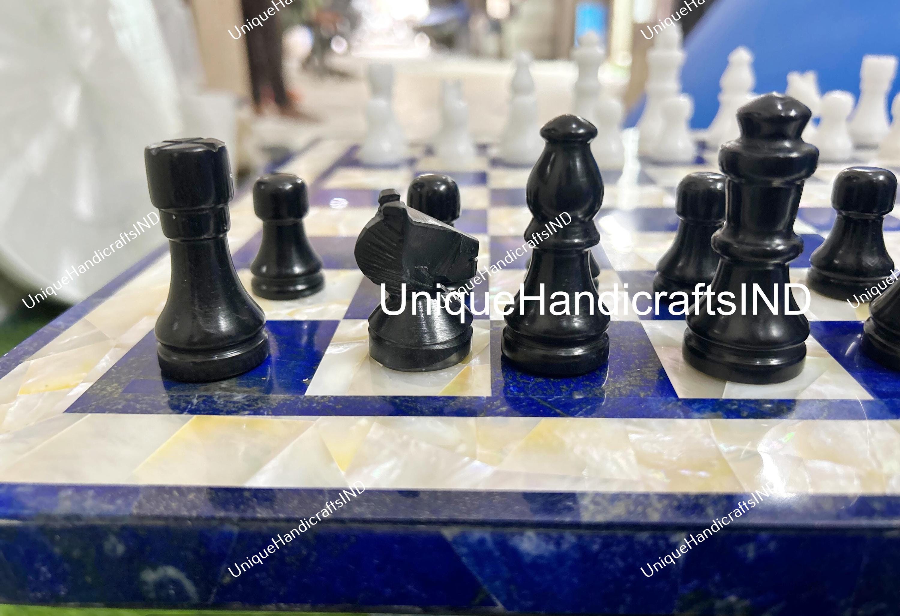 Christmas Gifts Custom Luxury Chess Set With Chess Pieces, Square Marble White Chess Lazuli Lazuli Inlay Art for Living Room Decor Unique Handicrafts IND