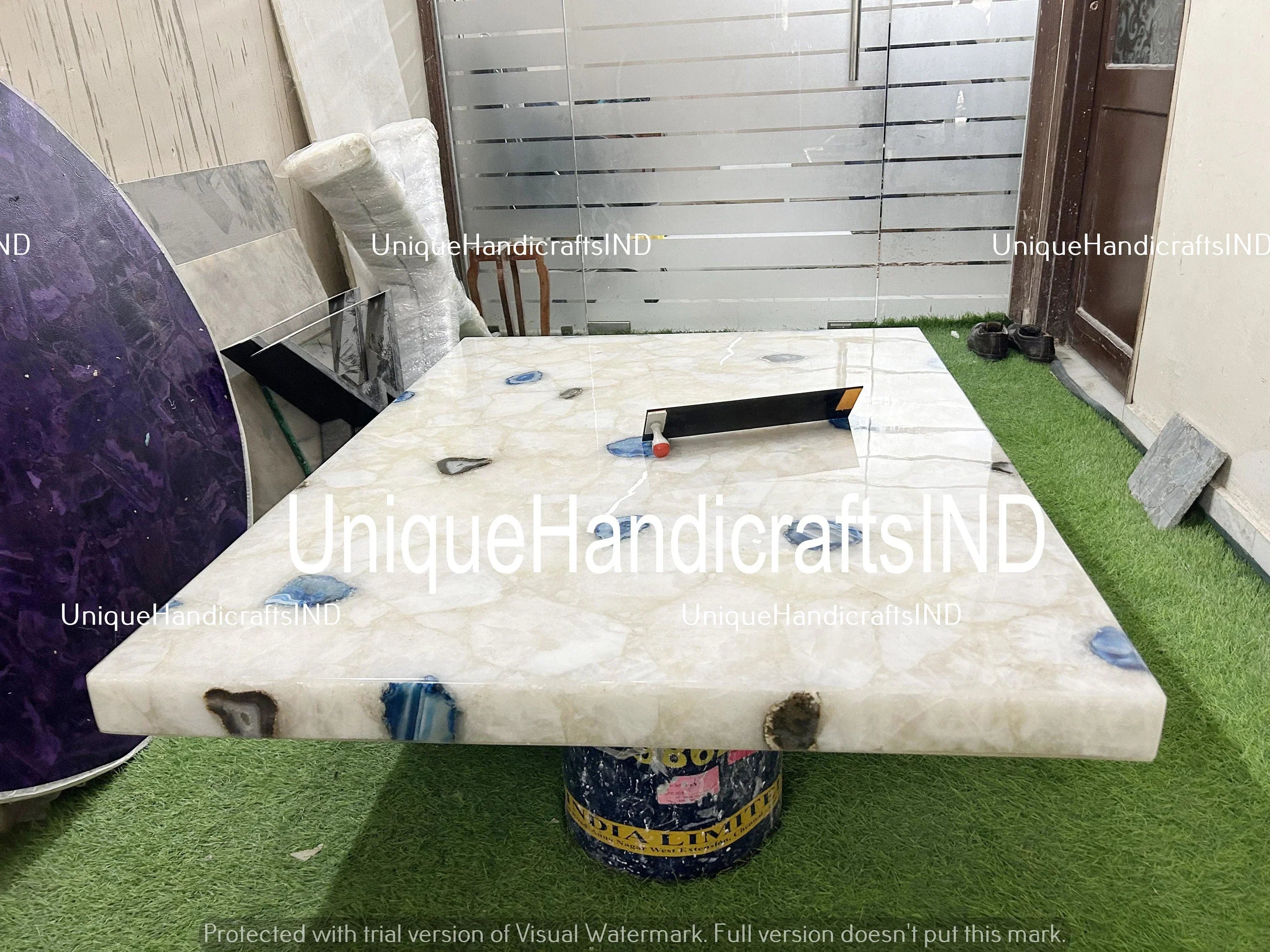 White Quartz and Blue Agate Table Top, Console Table, Agate Counter Top, Agate Dining Table, Agate Center Table, Living Room Decor Unique Handicrafts IND