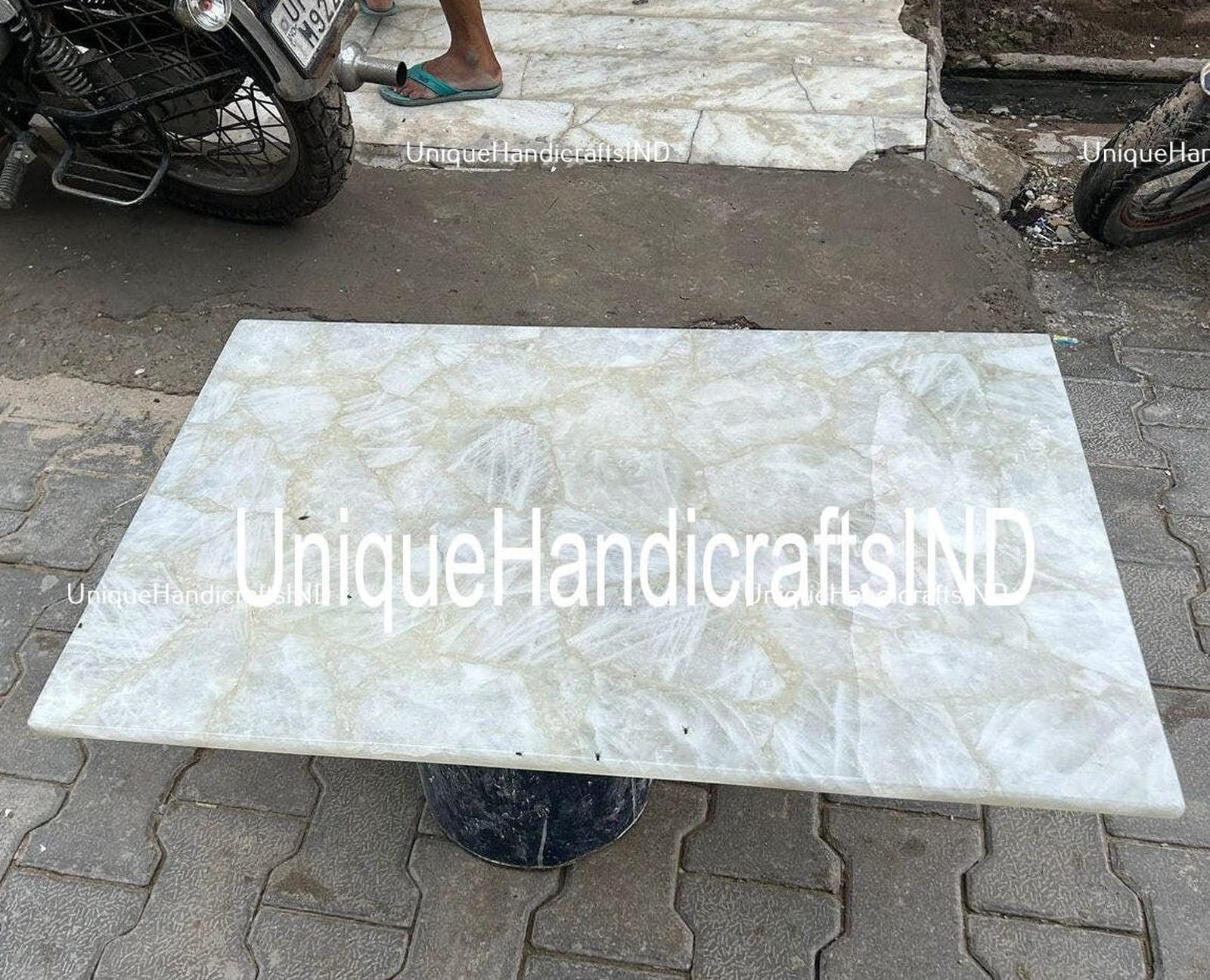 Natural Agate Dining Table Top, White Quartz Agate Table, Agate Coffee Center Sofa Couch Table, Quartz Countertops , Agate Console Table, Unique Handicrafts IND
