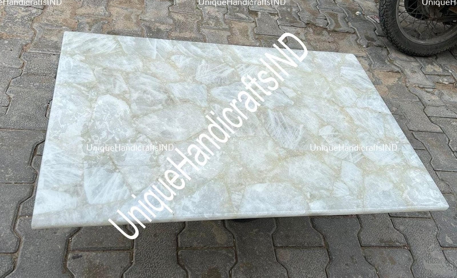 Natural Agate Dining Table Top, White Quartz Agate Table, Agate Coffee Center Sofa Couch Table, Quartz Countertops , Agate Console Table, Unique Handicrafts IND