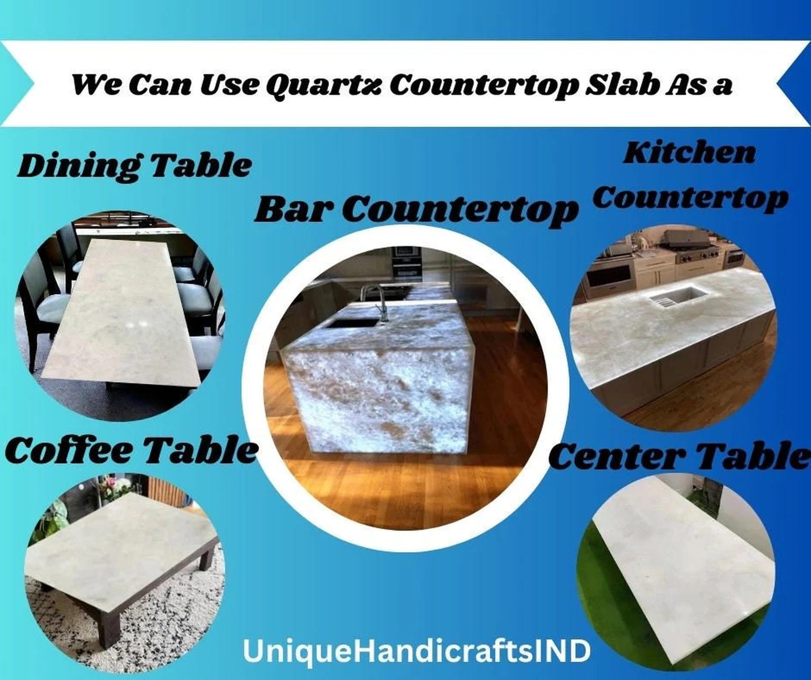 Custom Quartz Countertops, Quartz Table top ,  Quartz Stone Kitchen Countertops, Stone Kitchen Island Bar, Brass work around the border Unique Handicrafts IND