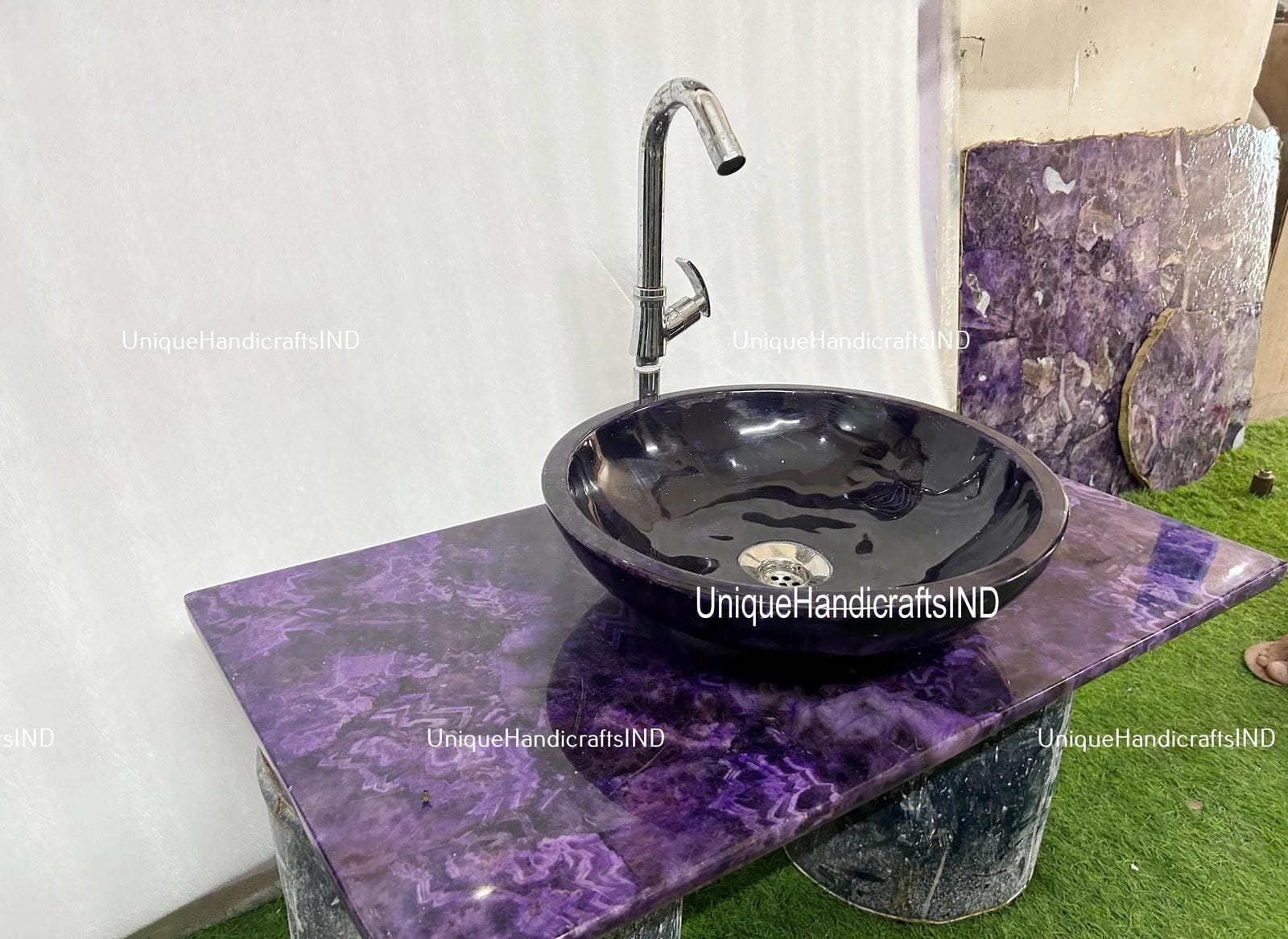 Luxury Amethyst Kitchen & Bathroom Countertop – Handcrafted Semi-Precious Stone Sink Surface Unique Handicrafts IND