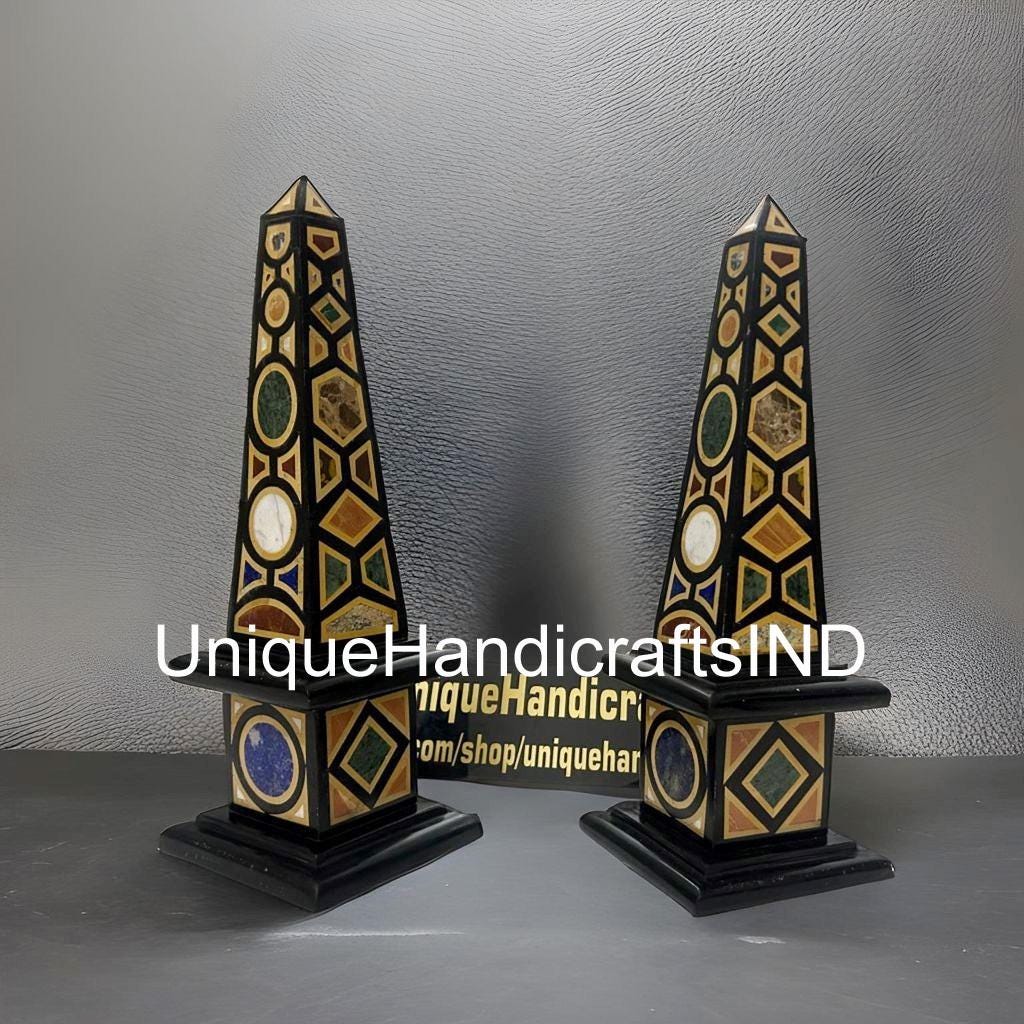 Collectible Black Marble Obelisks Set Of 2 Pair / Handmade Semi Precious Inlay Design / Handmade Marble Obelisk / Showpiece Gift For Her Unique Handicrafts IND
