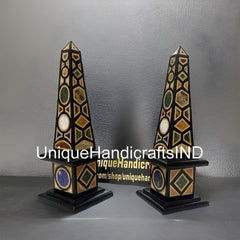 Collectible Black Marble Obelisks Set Of 2 Pair / Handmade Semi Precious Inlay Design / Handmade Marble Obelisk / Showpiece Gift For Her Unique Handicrafts IND