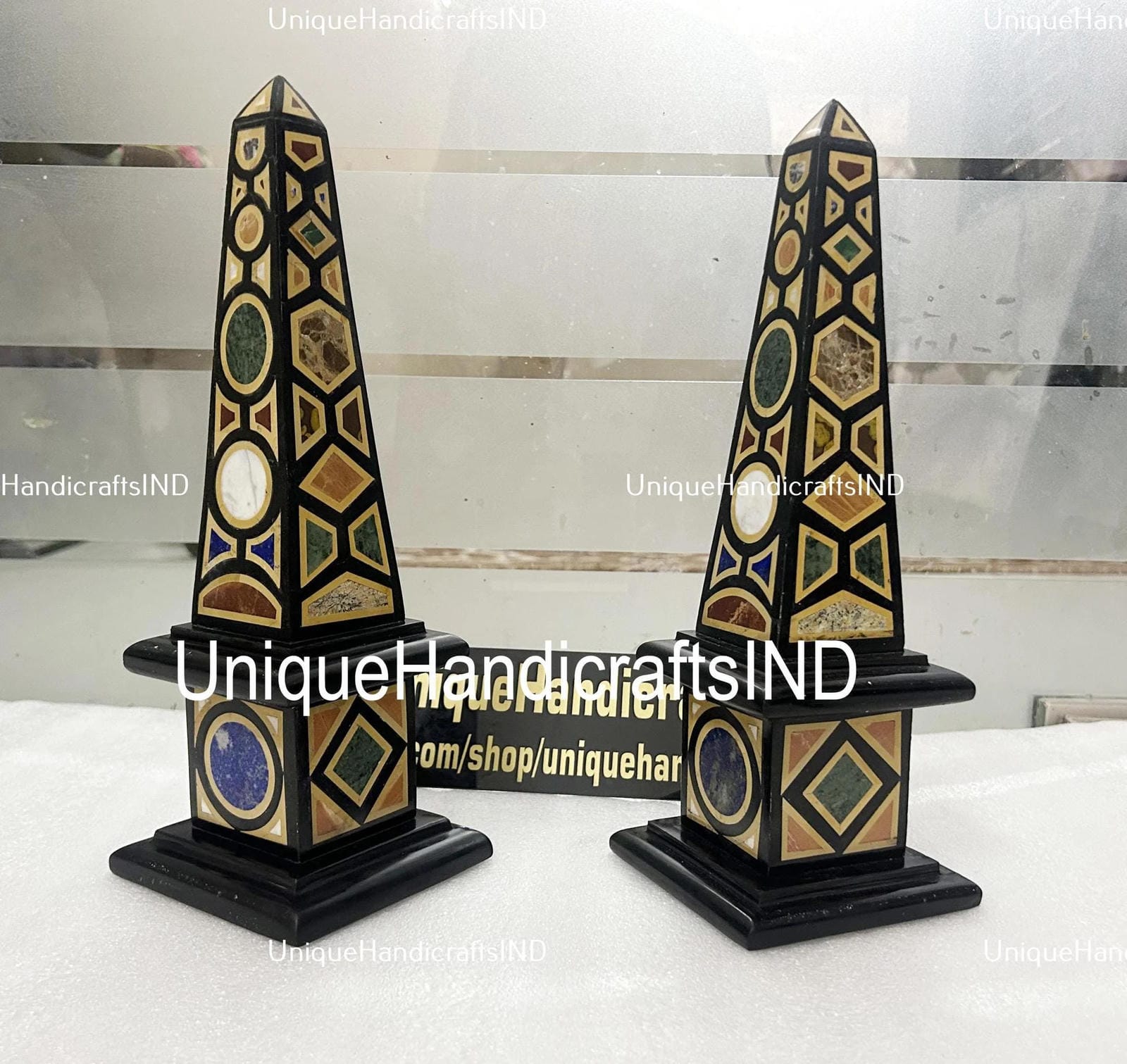 Collectible Black Marble Obelisks Set Of 2 Pair / Handmade Semi Precious Inlay Design / Handmade Marble Obelisk / Showpiece Gift For Her Unique Handicrafts IND