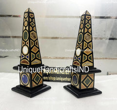 Collectible Black Marble Obelisks Set Of 2 Pair / Handmade Semi Precious Inlay Design / Handmade Marble Obelisk / Showpiece Gift For Her Unique Handicrafts IND