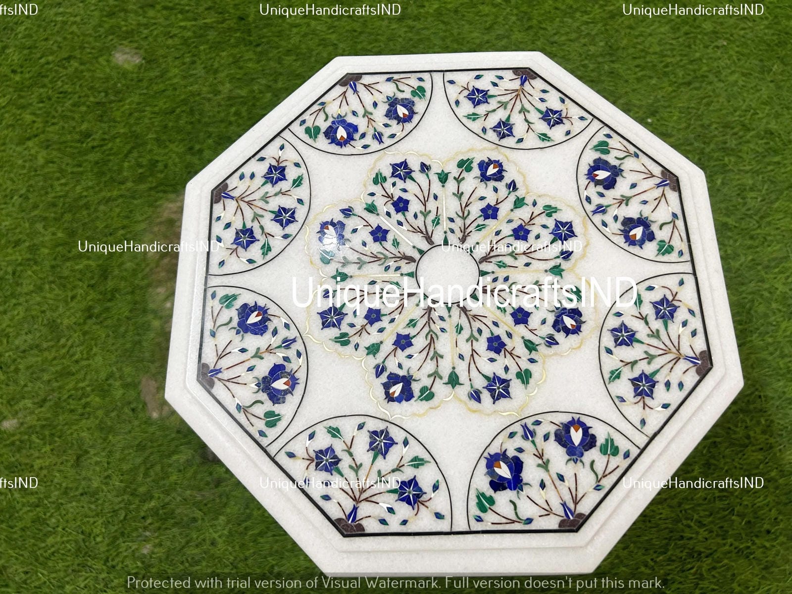 Coffee Table Top, White Marble table top with Lapis Lazuli Inlaid Floral Pietra dura  Art Home Decor Interior Unique Handicrafts IND