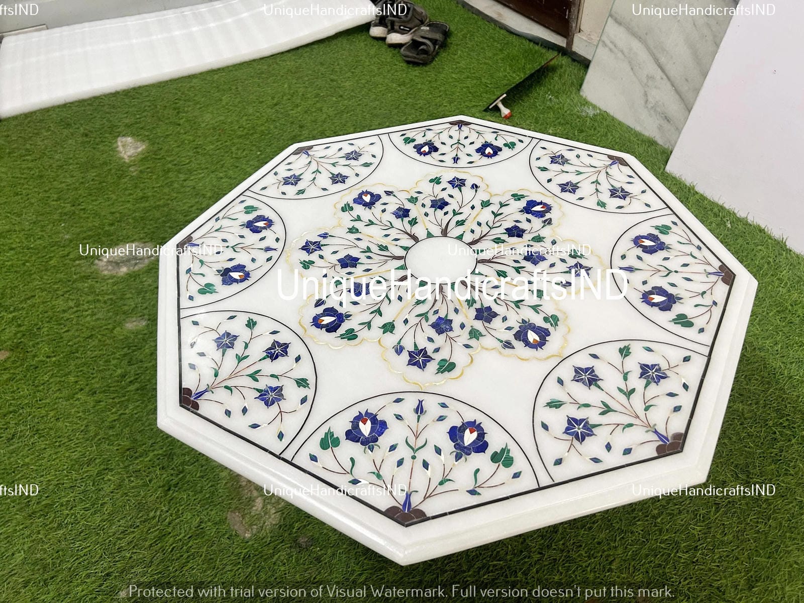 Coffee Table Top, White Marble table top with Lapis Lazuli Inlaid Floral Pietra dura  Art Home Decor Interior Unique Handicrafts IND