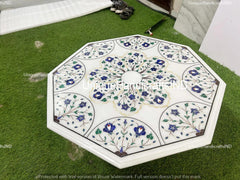 Coffee Table Top, White Marble table top with Lapis Lazuli Inlaid Floral Pietra dura  Art Home Decor Interior Unique Handicrafts IND