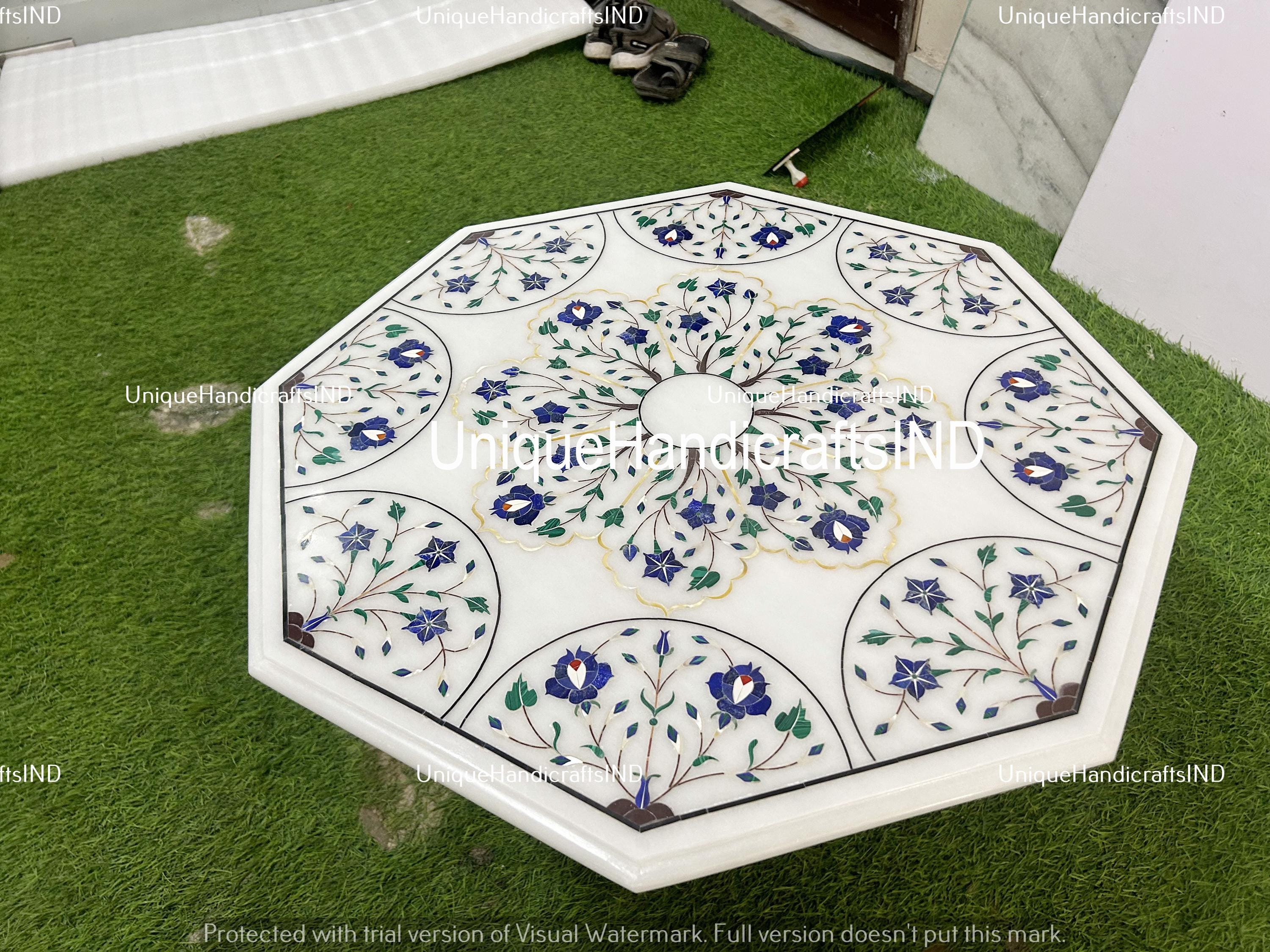 Coffee Table Top, White Marble table top with Lapis Lazuli Inlaid Floral Pietra dura  Art Home Decor Interior Unique Handicrafts IND