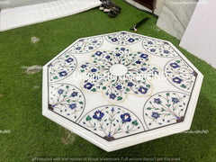 Coffee Table Top, White Marble table top with Lapis Lazuli Inlaid Floral Pietra dura  Art Home Decor Interior Unique Handicrafts IND