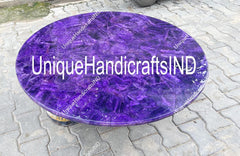 Round Amethyst Gemstone Coffee Table Top Handmade Crystal Healing Gemstone Modern Furniture Quartz Cafeteria Living Room Table Decors Unique Handicrafts IND