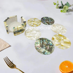 Christmas Gifts  Collectible Marble Coaster Set Natural Semi Precious Stones Mother of Pearls With Paua Shell Handmade Work Art Home Decor Unique Handicrafts IND