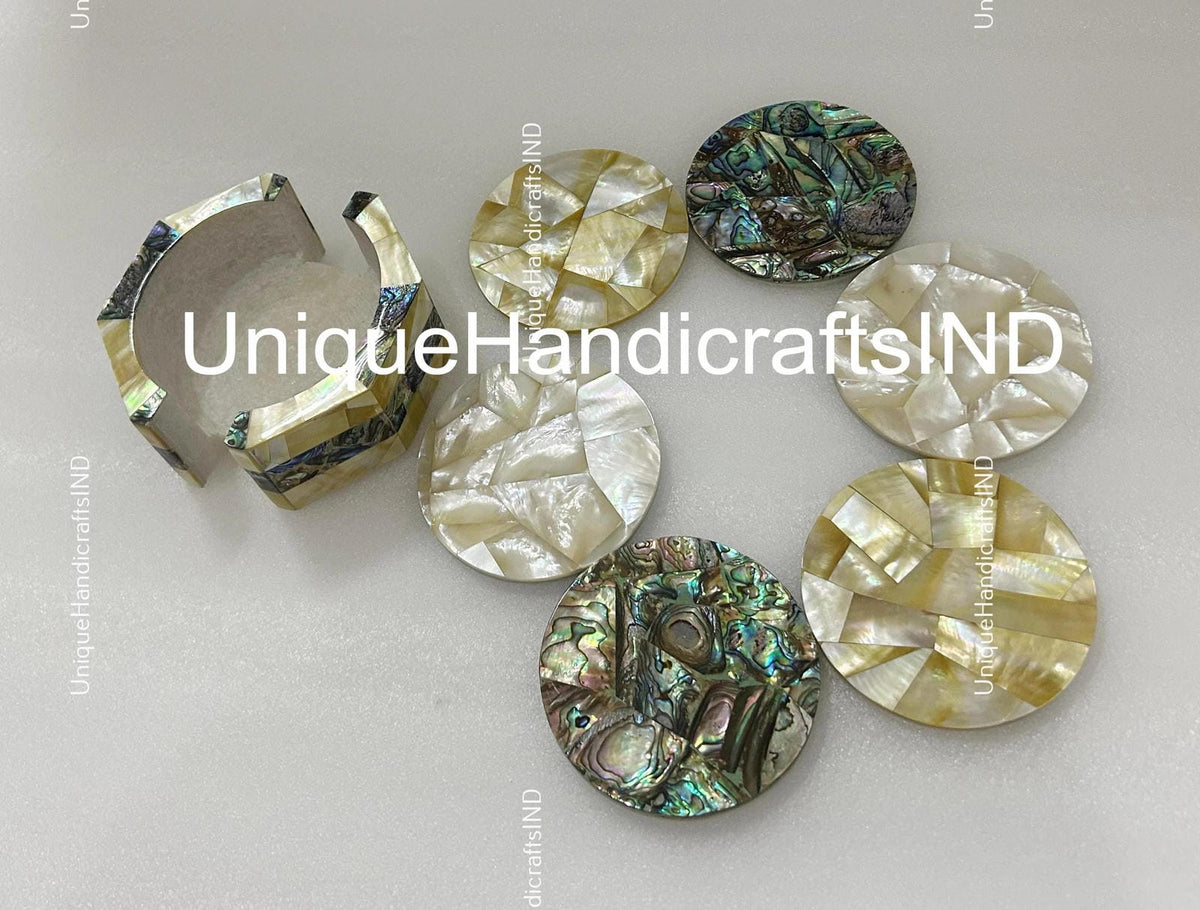 Christmas Gifts  Collectible Marble Coaster Set Natural Semi Precious Stones Mother of Pearls With Paua Shell Handmade Work Art Home Decor Unique Handicrafts IND
