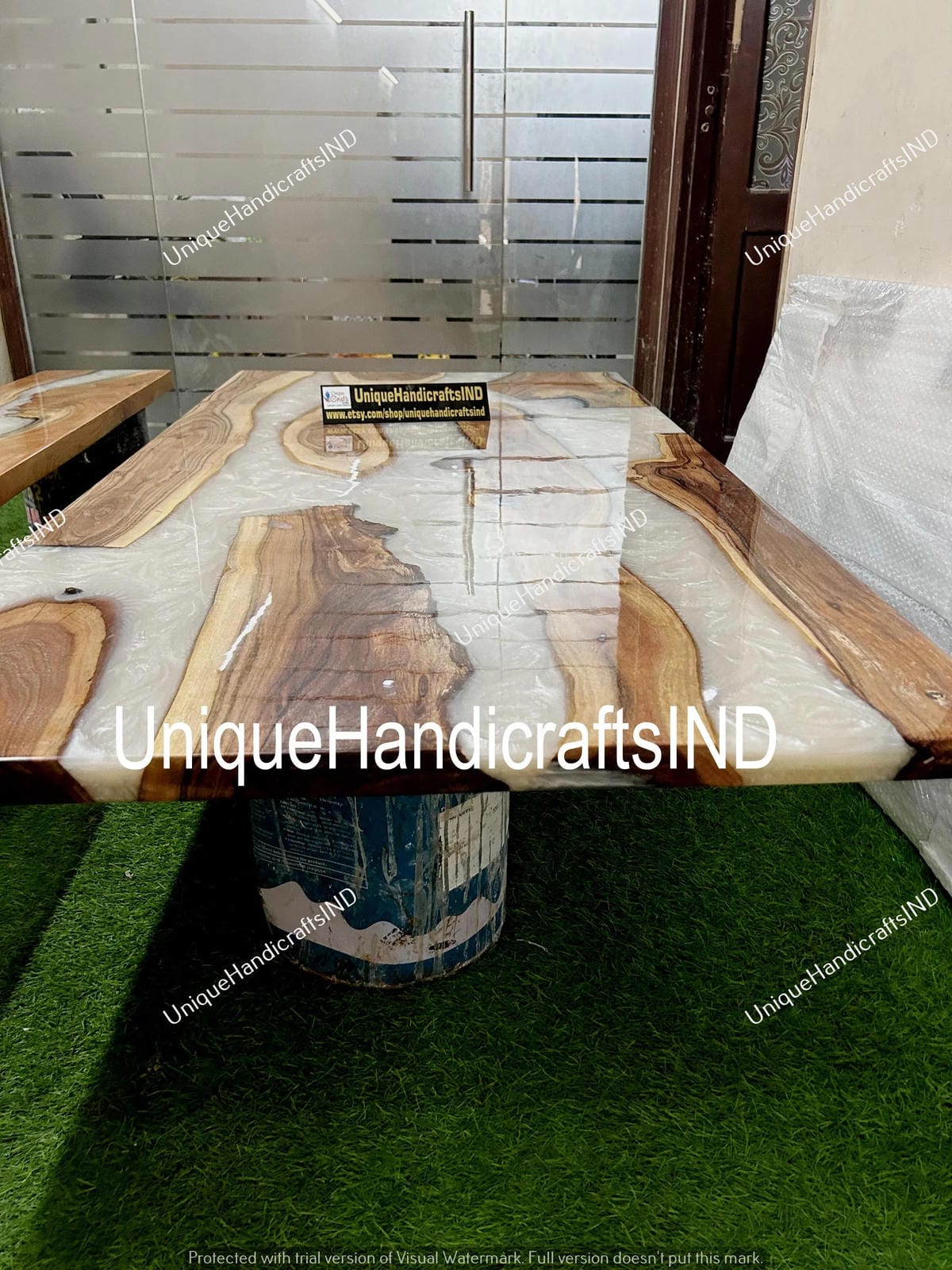 White Epoxy Dining Table, Custom Made Live Edge River Casted Table, Handcrafted Walnut Table, Handmade With Solid Wood Unique Handicrafts IND
