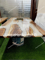 White Epoxy Dining Table, Custom Made Live Edge River Casted Table, Handcrafted Walnut Table, Handmade With Solid Wood Unique Handicrafts IND